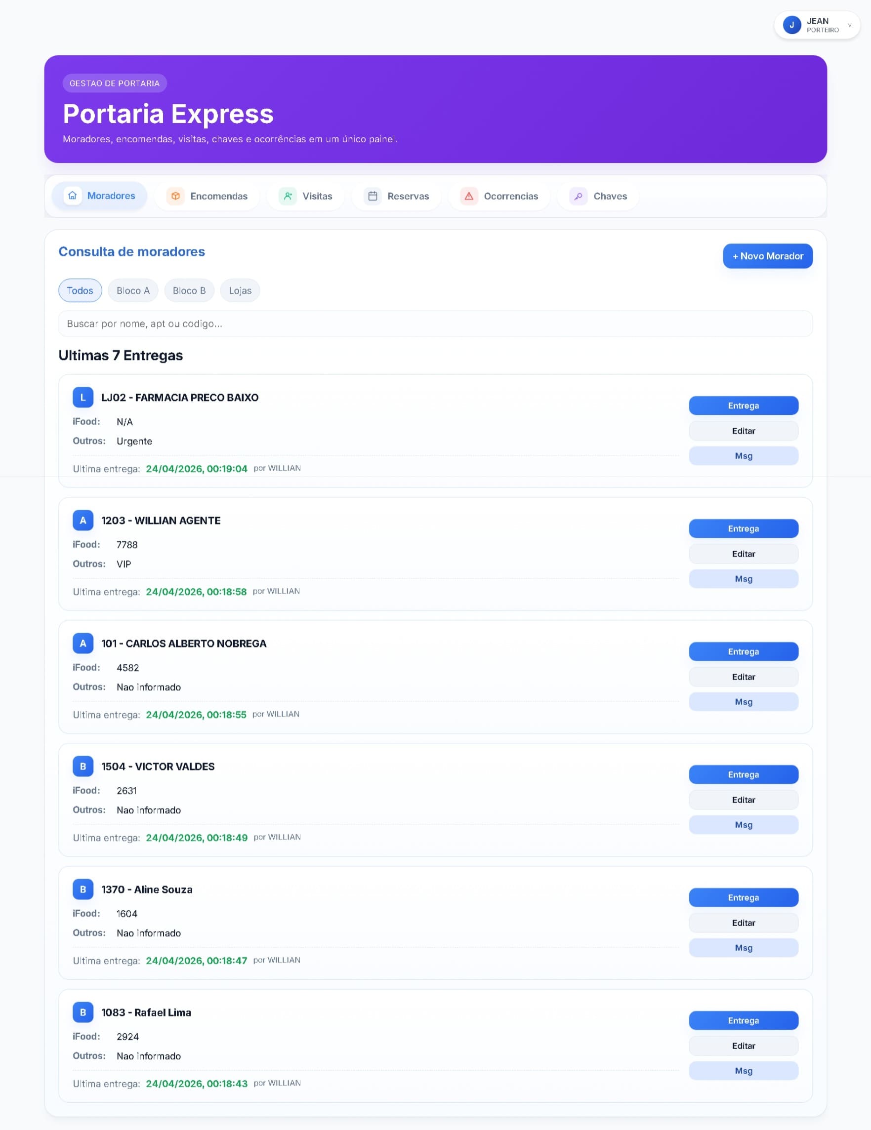 Tela principal do sistema Portaria Express com consulta de moradores