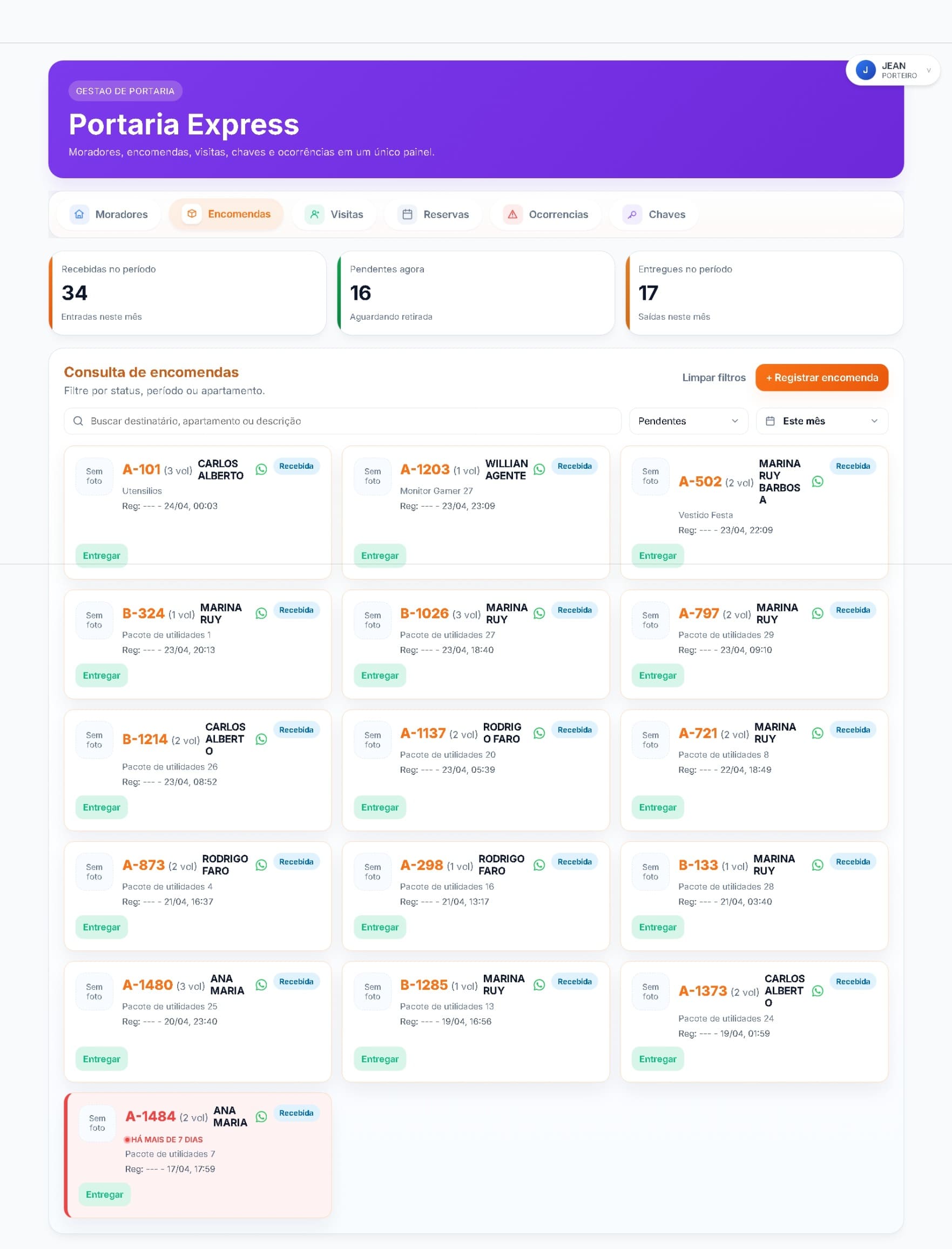 Tela de controle de encomendas do sistema Portaria Express