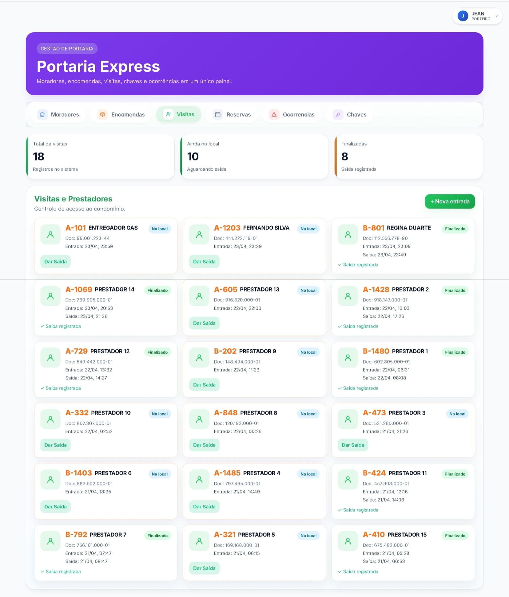 Tela de gestão de visitas do sistema Portaria Express