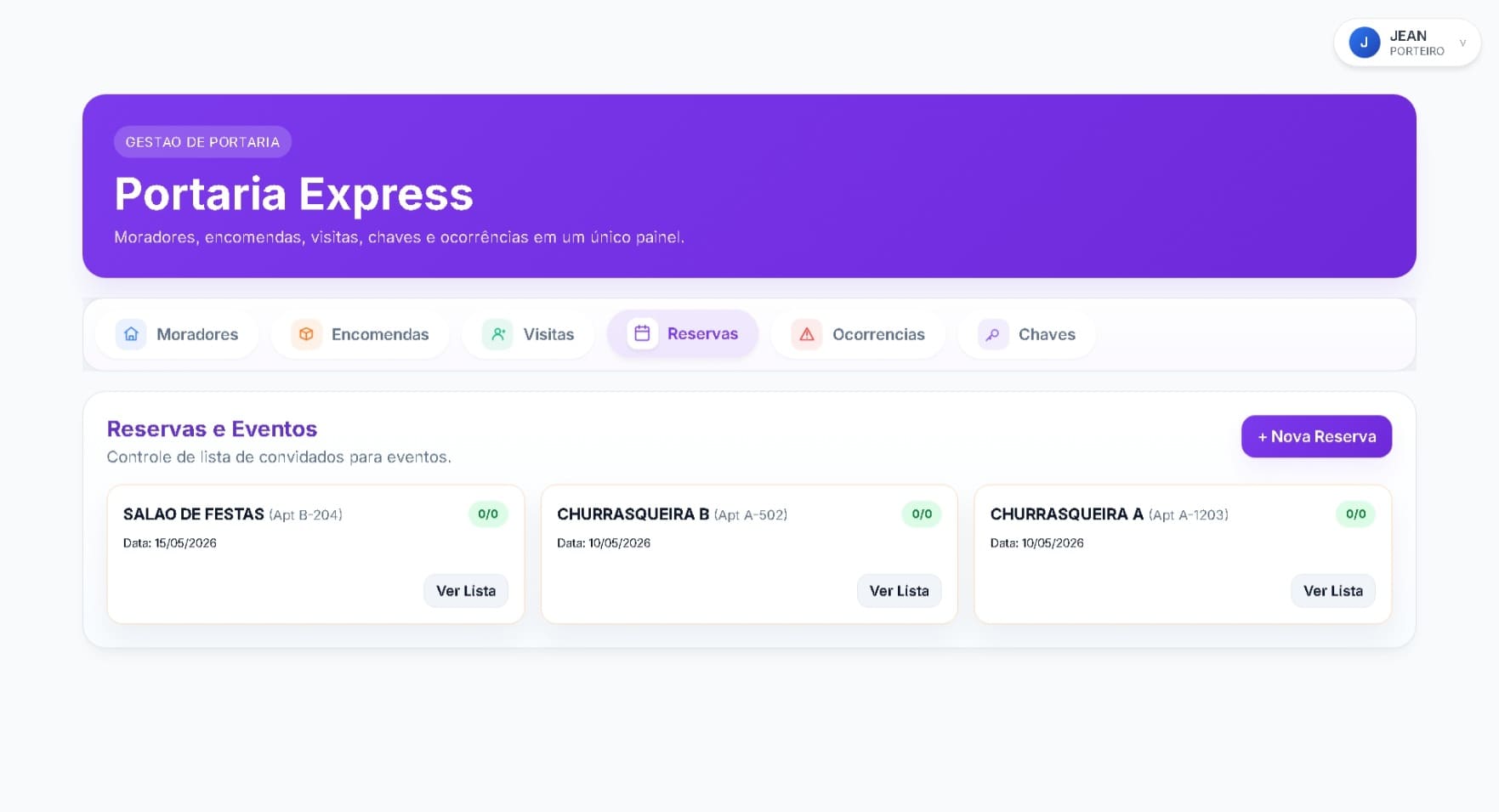 Tela de reservas do sistema Portaria Express