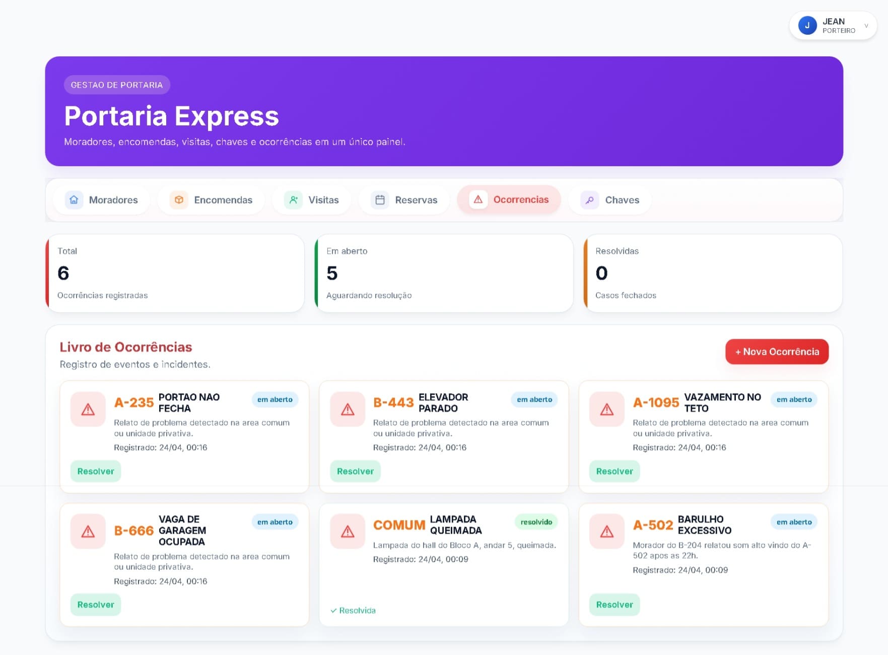 Tela de ocorrências do sistema Portaria Express