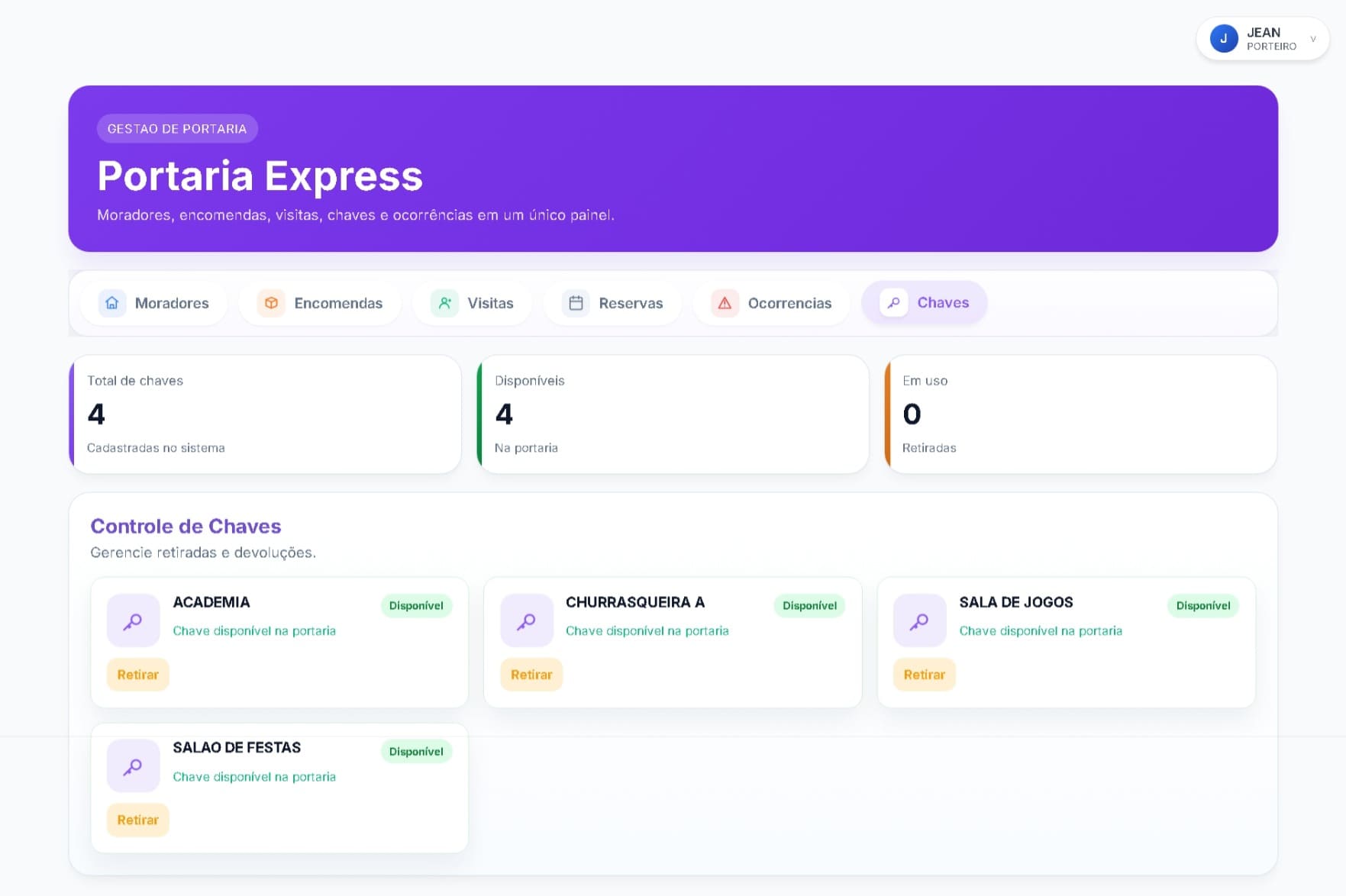 Tela de controle de chaves do sistema Portaria Express